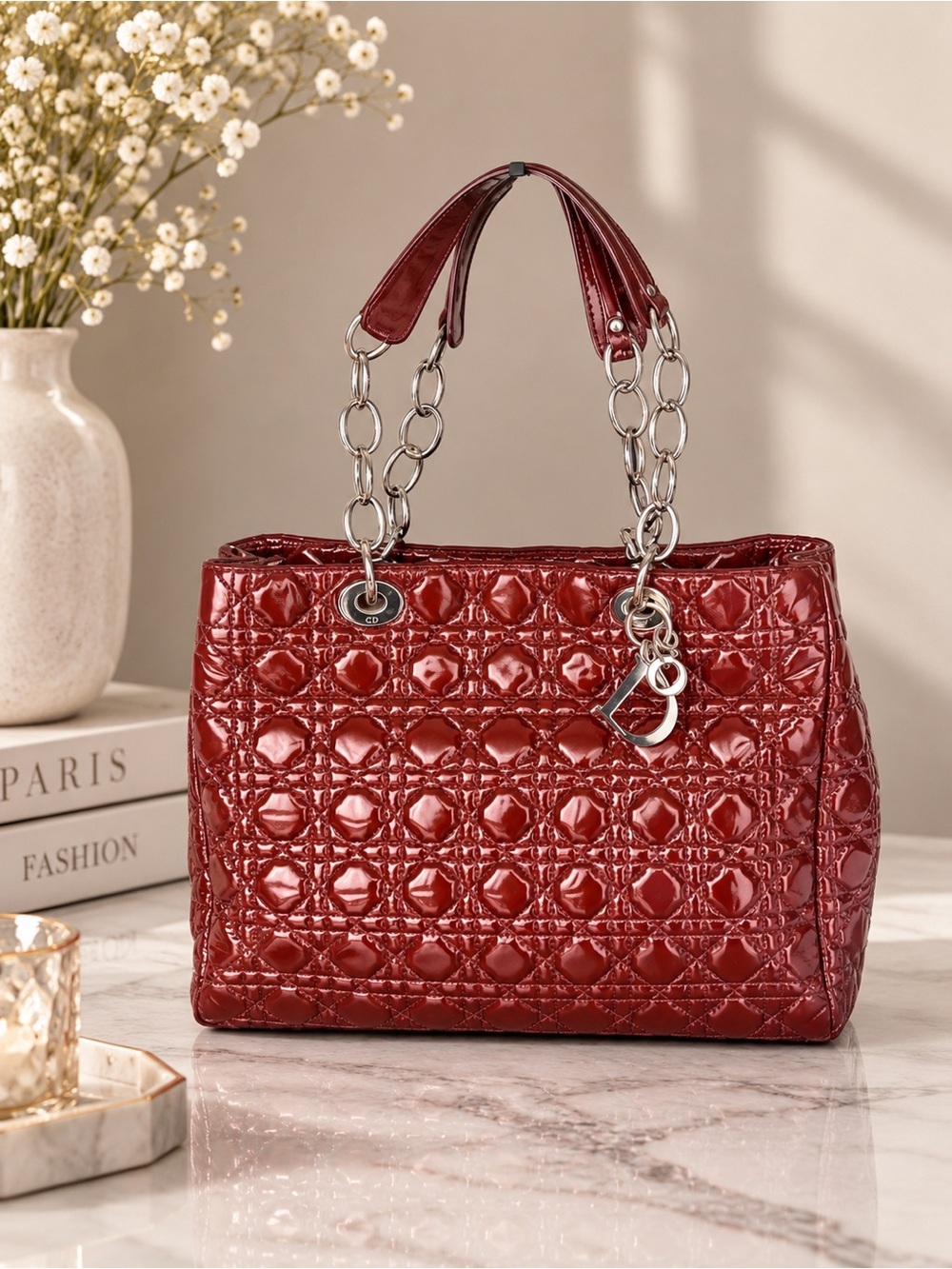 Authentic Dior Patent Cannage Quilted Tote in Deep Burgundy- FREE COA
